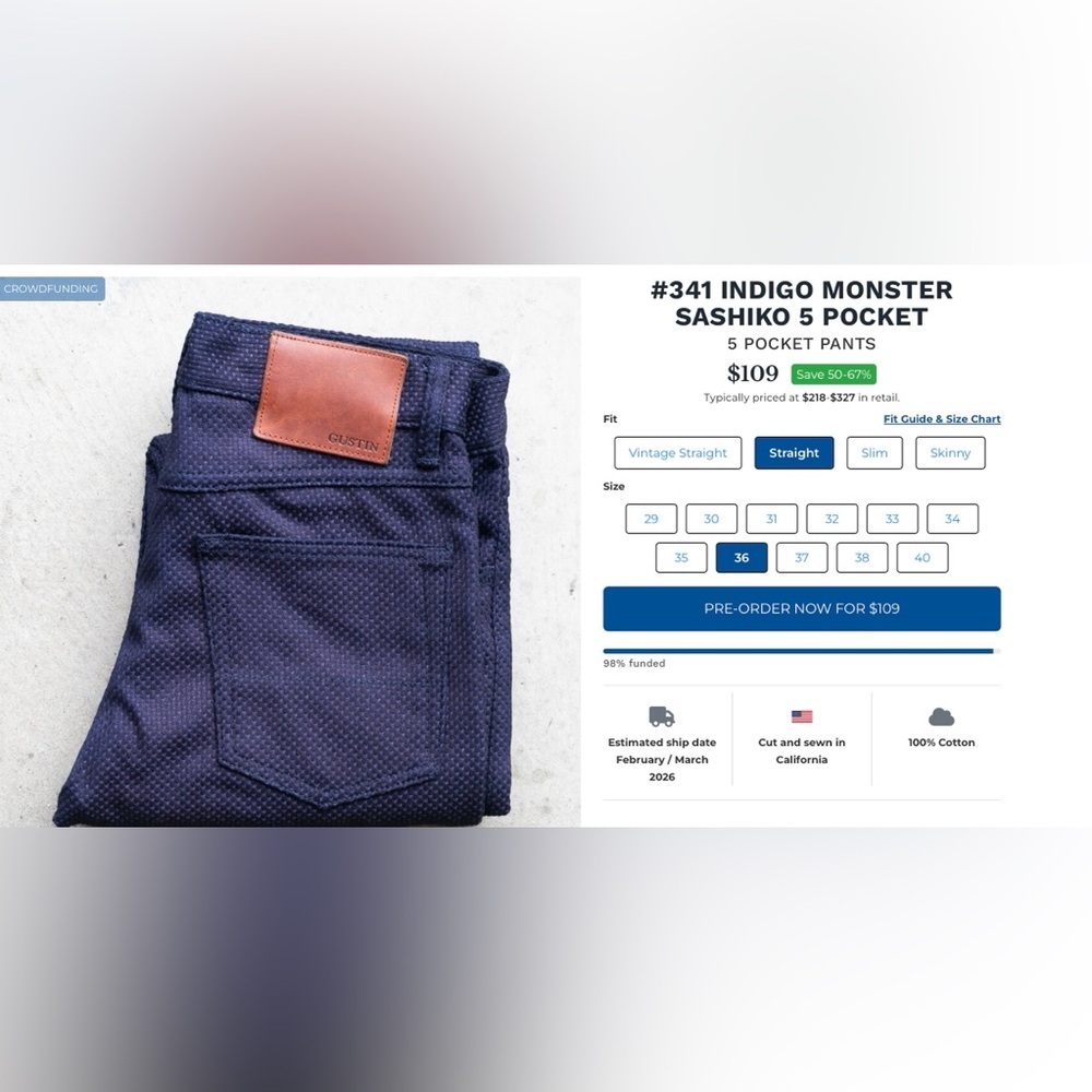 Gustin Navy Sashiko 5 Pocket Pants